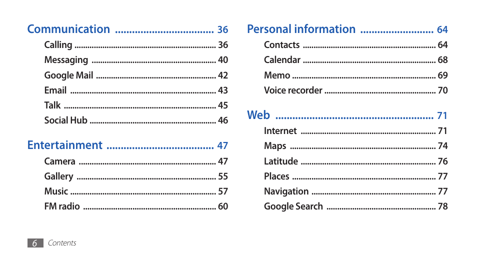 Samsung GALAXY GT-S5570 User Manual | Page 6 / 126