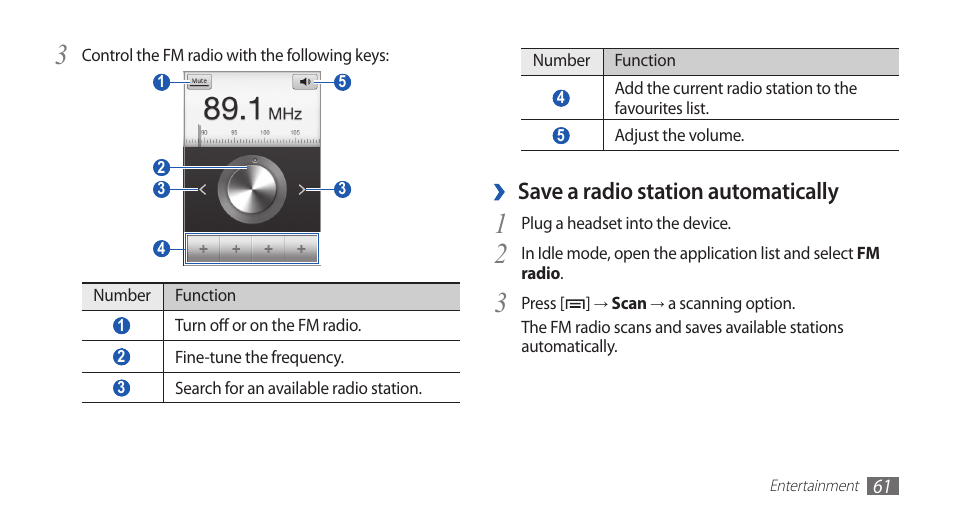 Save a radio station automatically | Samsung GALAXY GT-S5570 User Manual | Page 61 / 126