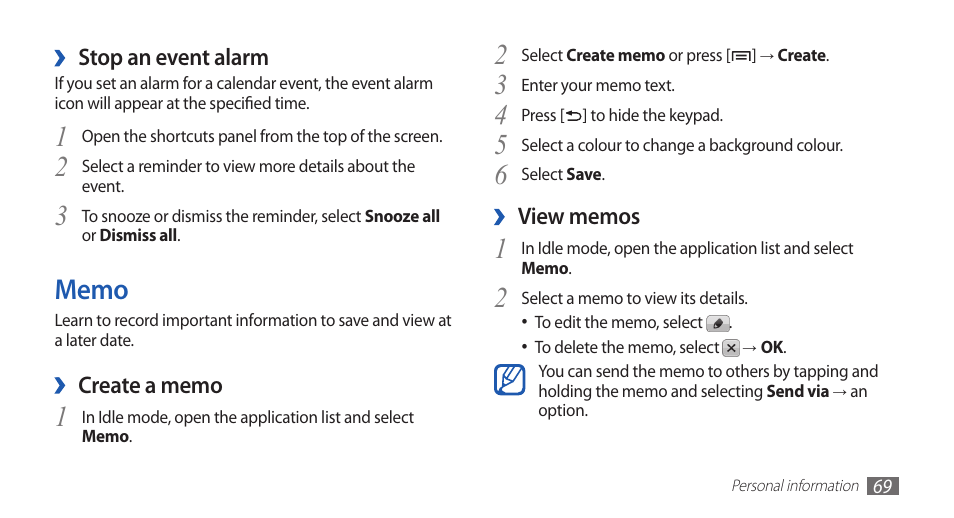 Memo | Samsung GALAXY GT-S5570 User Manual | Page 69 / 126