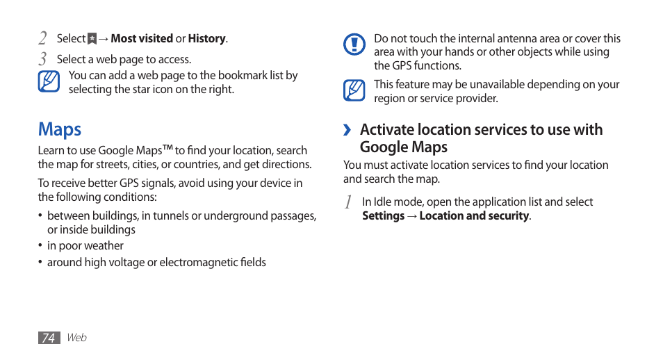 Maps | Samsung GALAXY GT-S5570 User Manual | Page 74 / 126