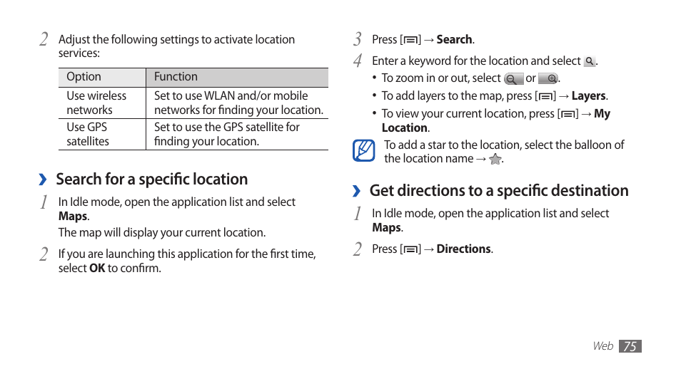 Get directions to a specific destination, Search for a specific location | Samsung GALAXY GT-S5570 User Manual | Page 75 / 126