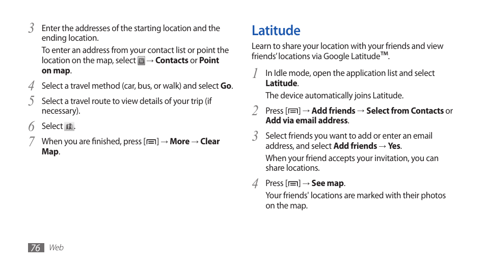 Latitude | Samsung GALAXY GT-S5570 User Manual | Page 76 / 126