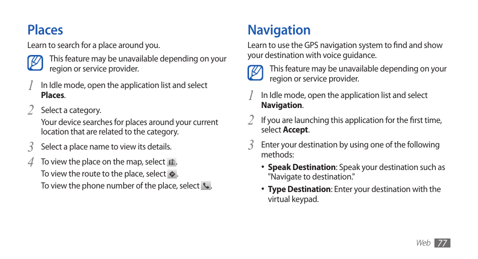Places, Navigation, Places navigation | Samsung GALAXY GT-S5570 User Manual | Page 77 / 126
