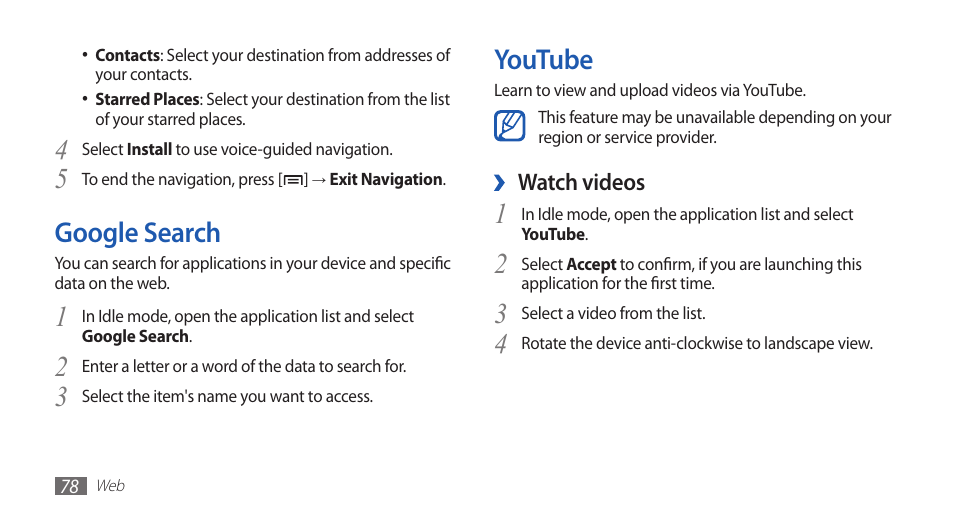 Google search, Youtube | Samsung GALAXY GT-S5570 User Manual | Page 78 / 126