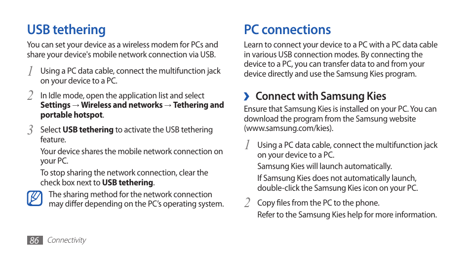 Usb tethering, Pc connections, Usb tethering pc connections | Samsung GALAXY GT-S5570 User Manual | Page 86 / 126