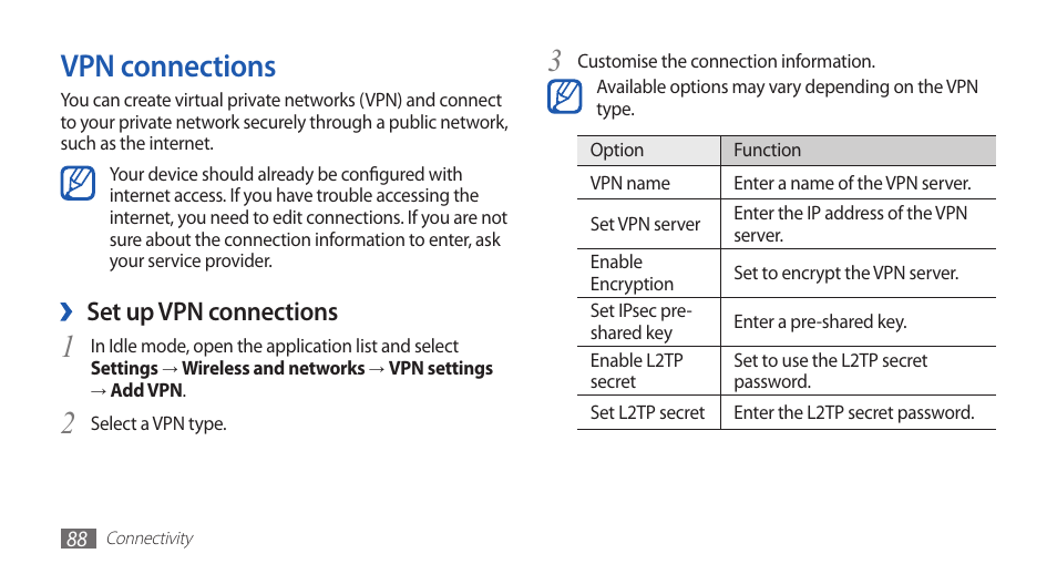 Vpn connections, Set up vpn connections | Samsung GALAXY GT-S5570 User Manual | Page 88 / 126
