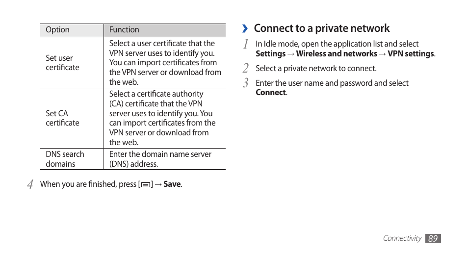 Connect to a private network | Samsung GALAXY GT-S5570 User Manual | Page 89 / 126