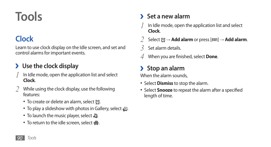 Tools, Clock | Samsung GALAXY GT-S5570 User Manual | Page 90 / 126