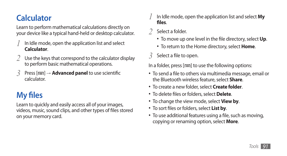 Calculator, My files, Calculator my files | Samsung GALAXY GT-S5570 User Manual | Page 91 / 126