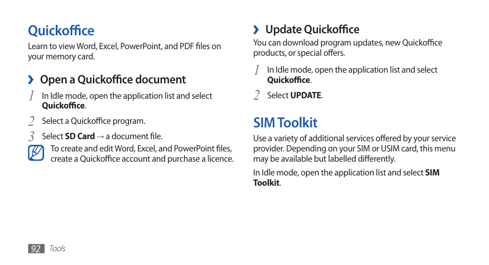 Quickoffice, Sim toolkit, Quickoffice sim toolkit | Samsung GALAXY GT-S5570 User Manual | Page 92 / 126