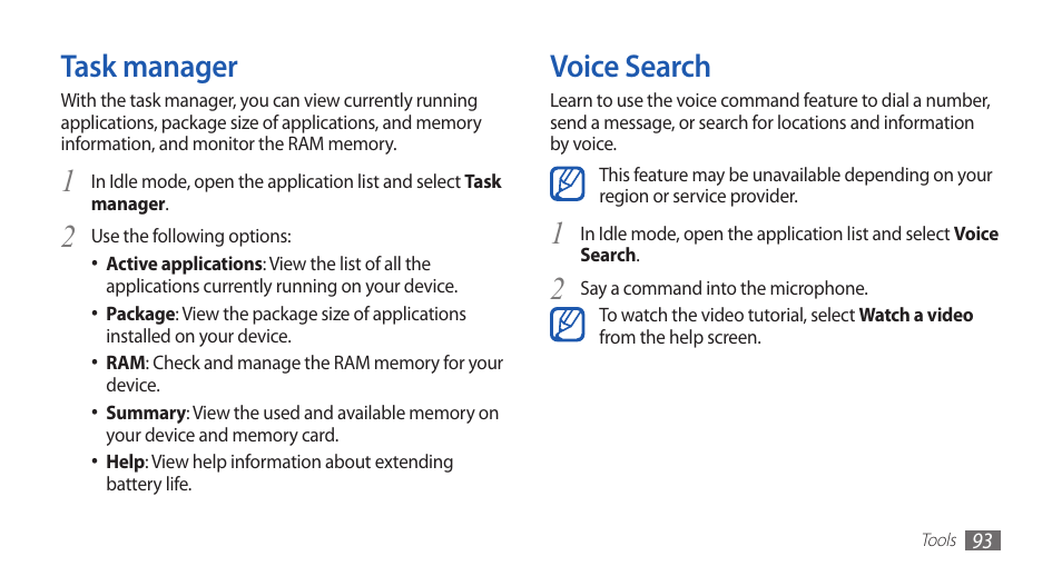 Task manager, Voice search, Task manager voice search | Samsung GALAXY GT-S5570 User Manual | Page 93 / 126