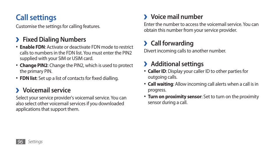Call settings | Samsung GALAXY GT-S5570 User Manual | Page 96 / 126