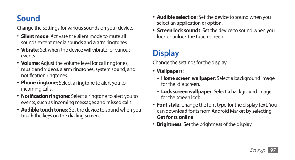 Sound, Display, Sound display | Samsung GALAXY GT-S5570 User Manual | Page 97 / 126