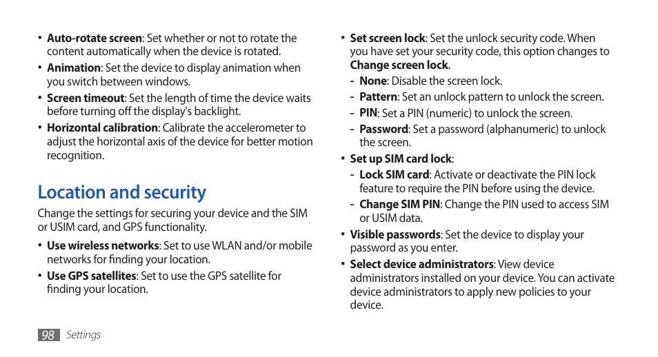 Location and security | Samsung GALAXY GT-S5570 User Manual | Page 98 / 126
