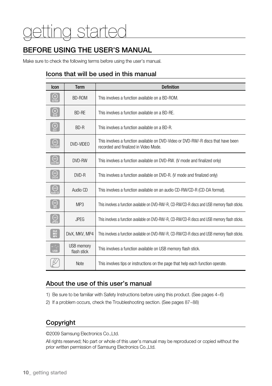 Getting started, Before using the user’s manual | Samsung BD-P3600 User Manual | Page 10 / 104