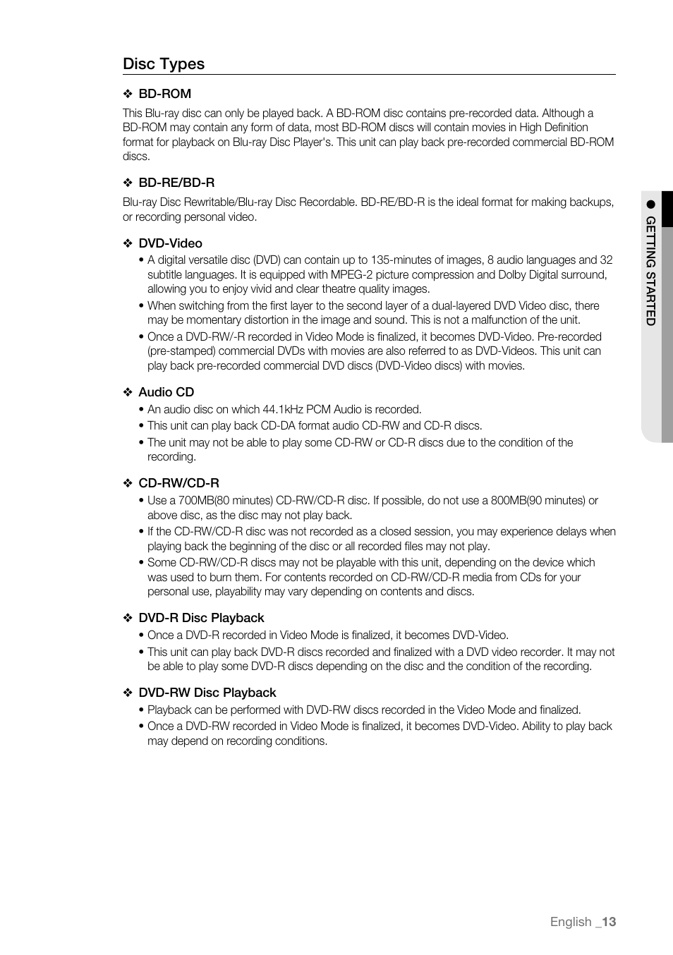 Disc types | Samsung BD-P3600 User Manual | Page 13 / 104