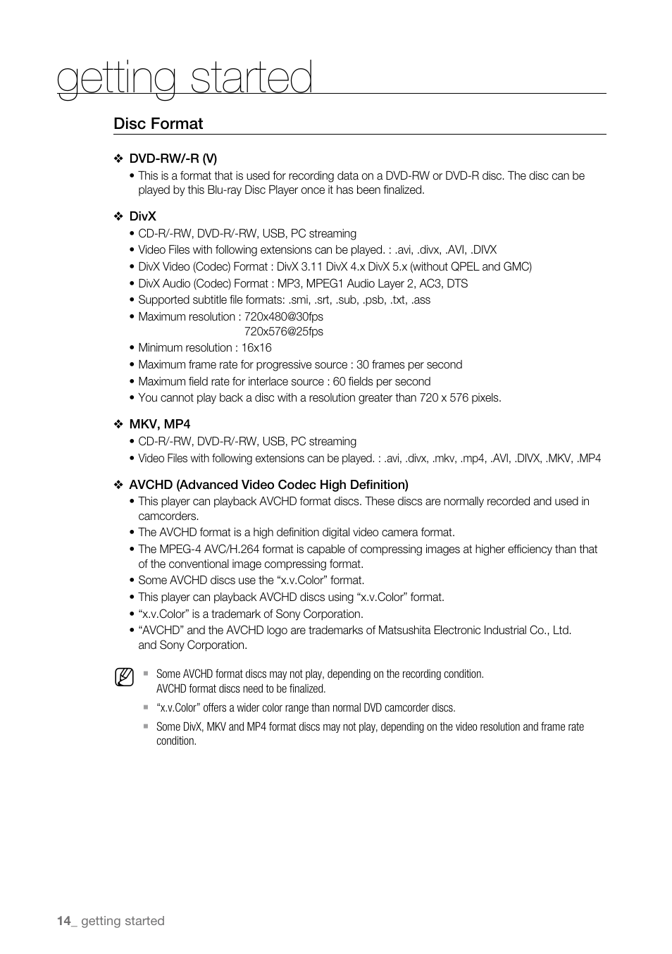 Getting started | Samsung BD-P3600 User Manual | Page 14 / 104