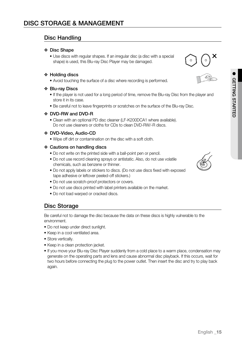 Disc storage & management, Disc handling, Disc storage | Samsung BD-P3600 User Manual | Page 15 / 104