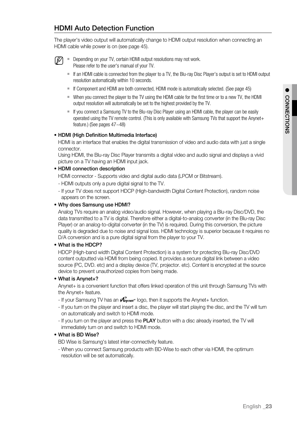 Hdmi auto detection function | Samsung BD-P3600 User Manual | Page 23 / 104