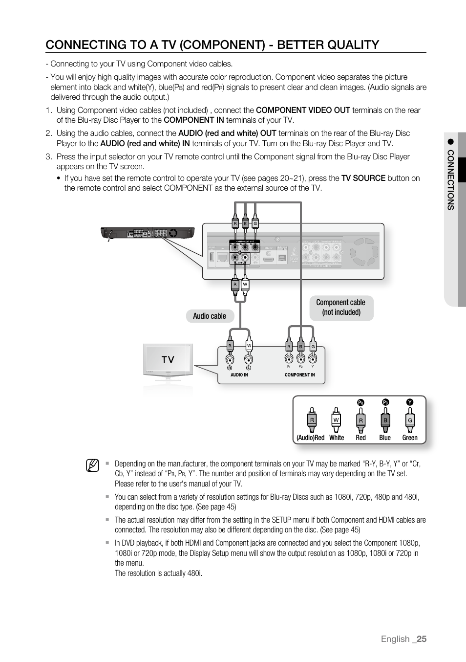 Connecting to a tv (component) - better quality | Samsung BD-P3600 User Manual | Page 25 / 104