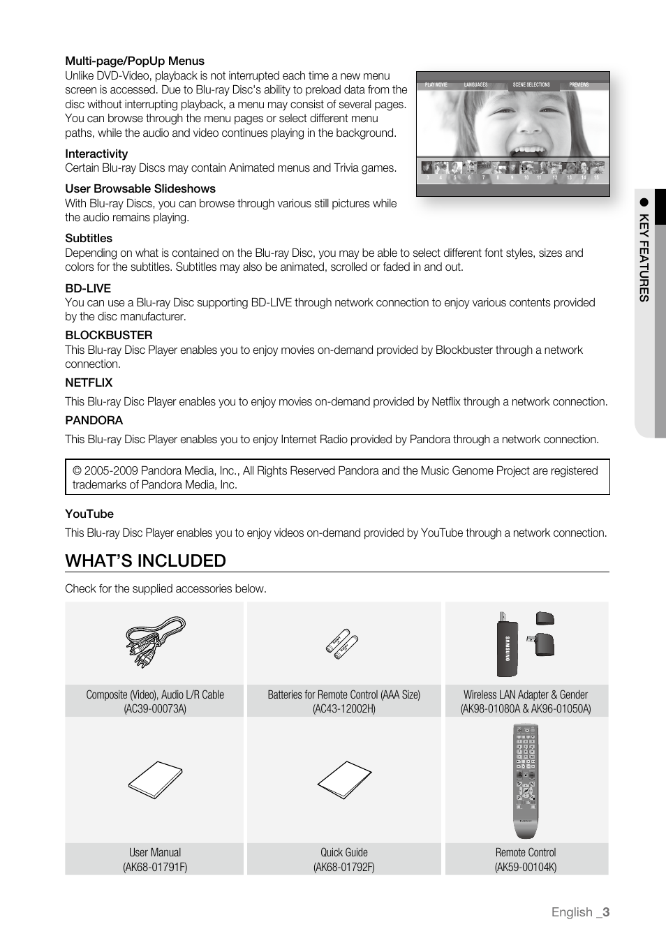 What’s included, English | Samsung BD-P3600 User Manual | Page 3 / 104