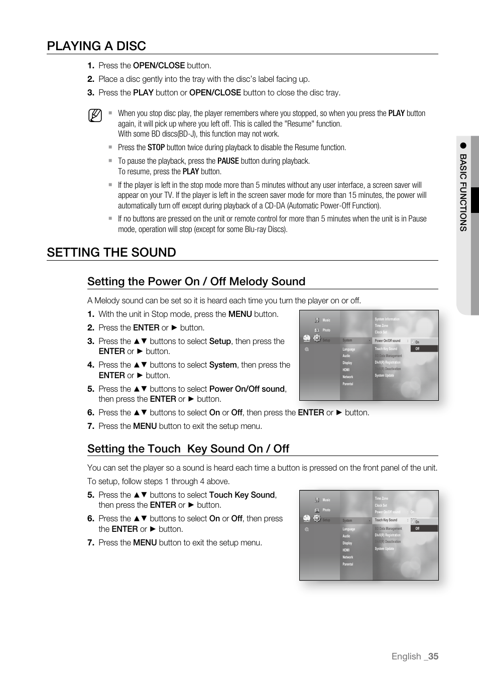 Playing a disc, Setting the sound, Setting the power on / off melody sound | Setting the touch key sound on / off, English | Samsung BD-P3600 User Manual | Page 35 / 104