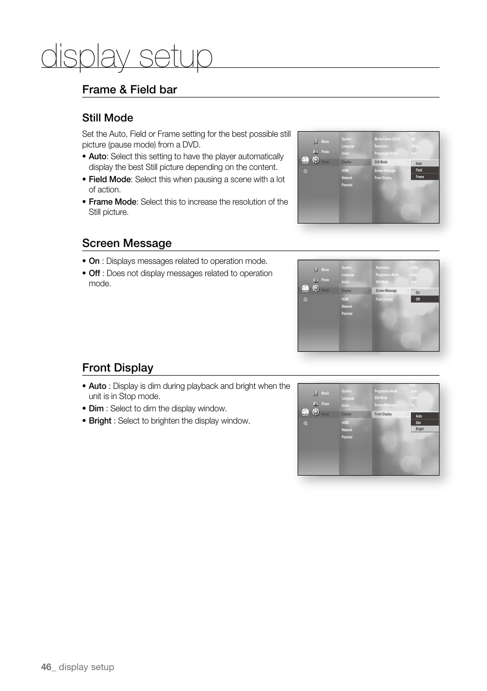 Frame & field bar, Screen message, Front display | Still mode, Display setup | Samsung BD-P3600 User Manual | Page 46 / 104