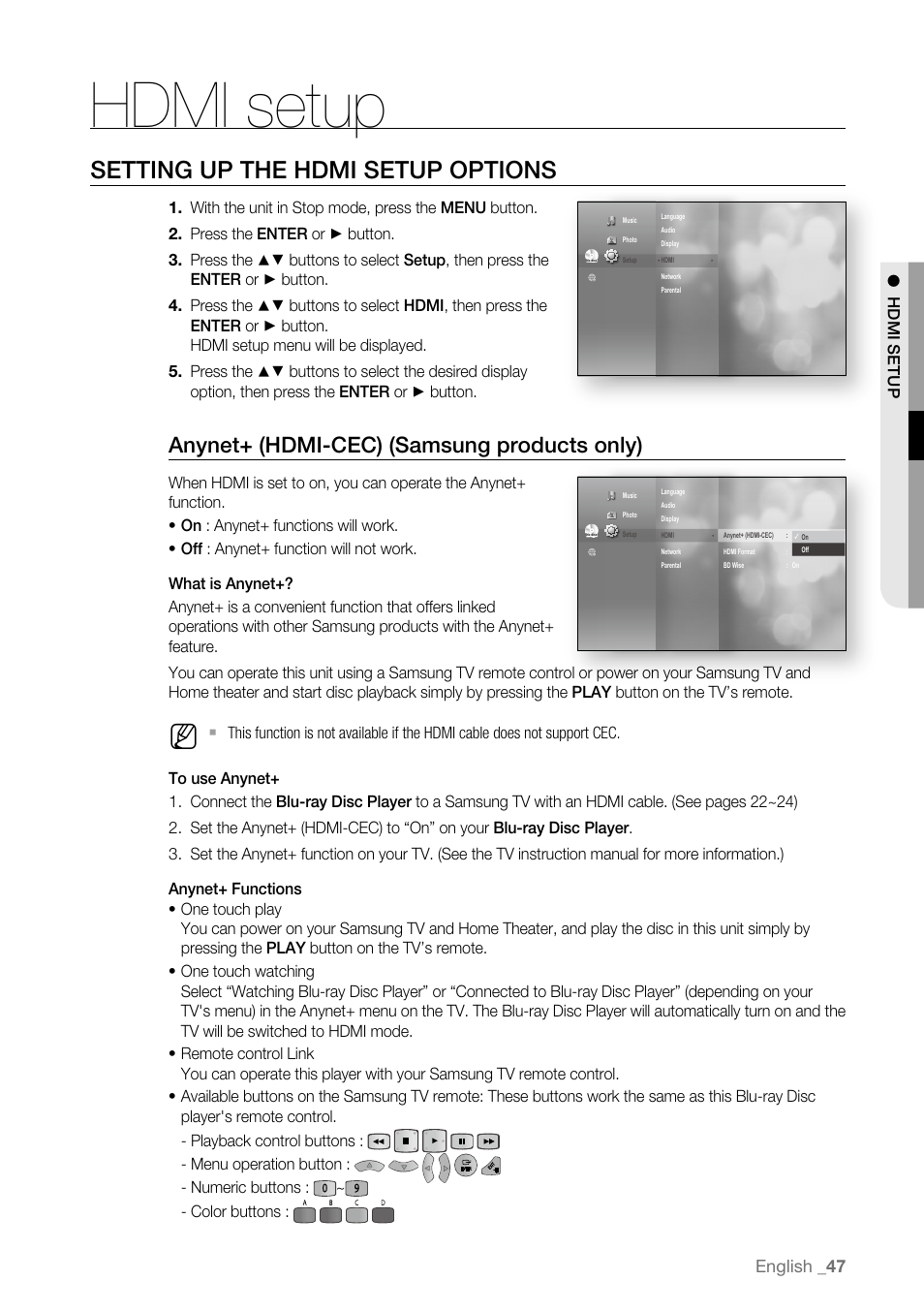 Hdmi setup, Setting up the hdmi setup options, Anynet+ (hdmi-cec) (samsung products only) | English | Samsung BD-P3600 User Manual | Page 47 / 104