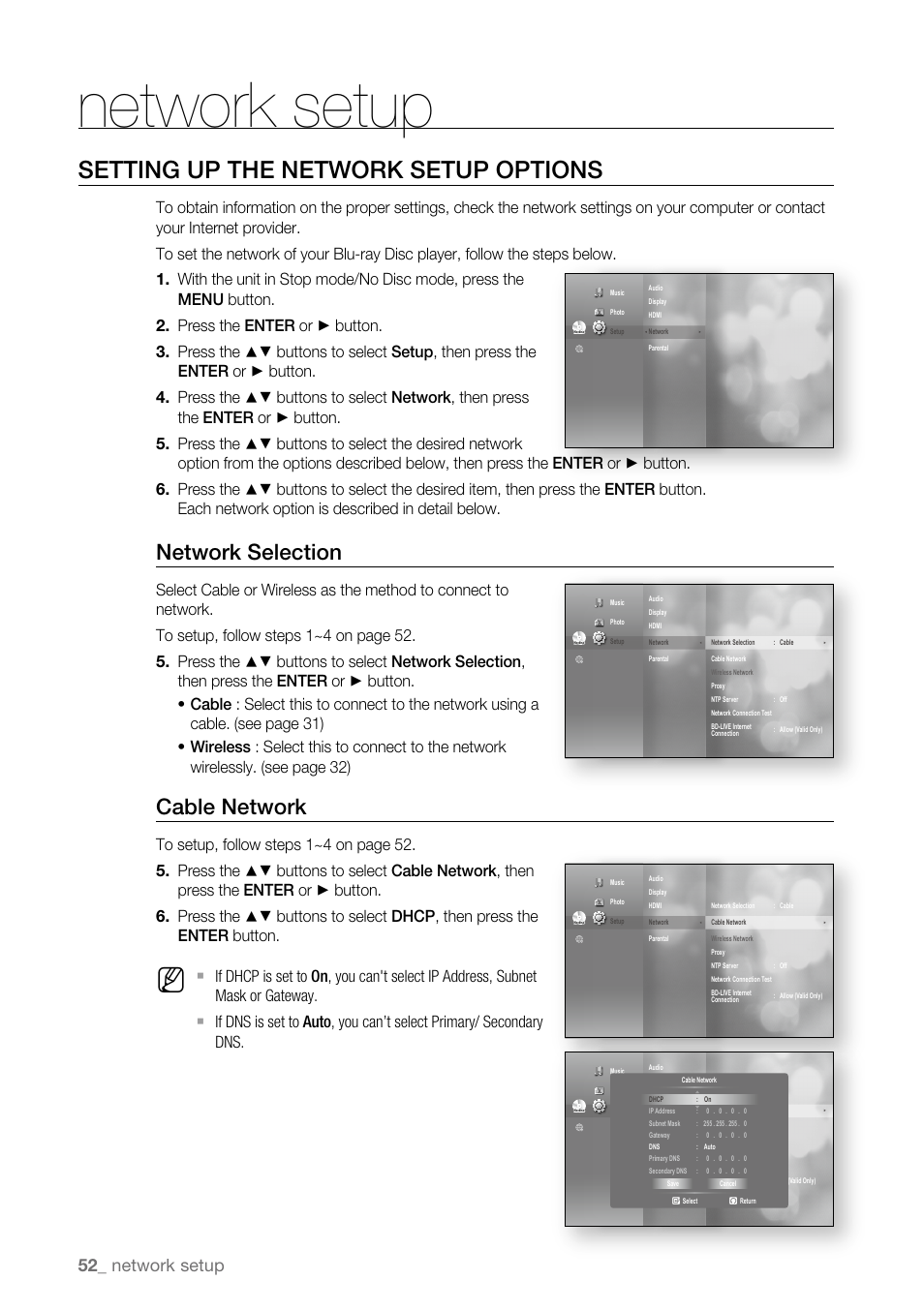 Network setup, Setting up the network setup options, Network selection | Cable network | Samsung BD-P3600 User Manual | Page 52 / 104