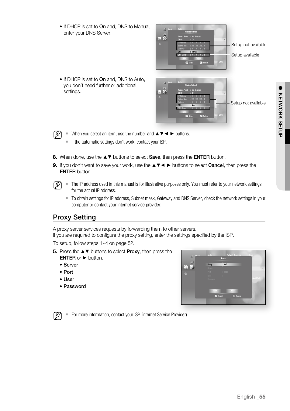 Proxy setting, English, Setup not available setup available | Setup not available | Samsung BD-P3600 User Manual | Page 55 / 104