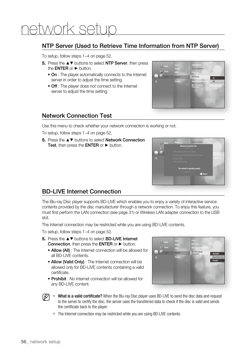 Network connection test, Bd-live internet connection, Network setup | Samsung BD-P3600 User Manual | Page 56 / 104