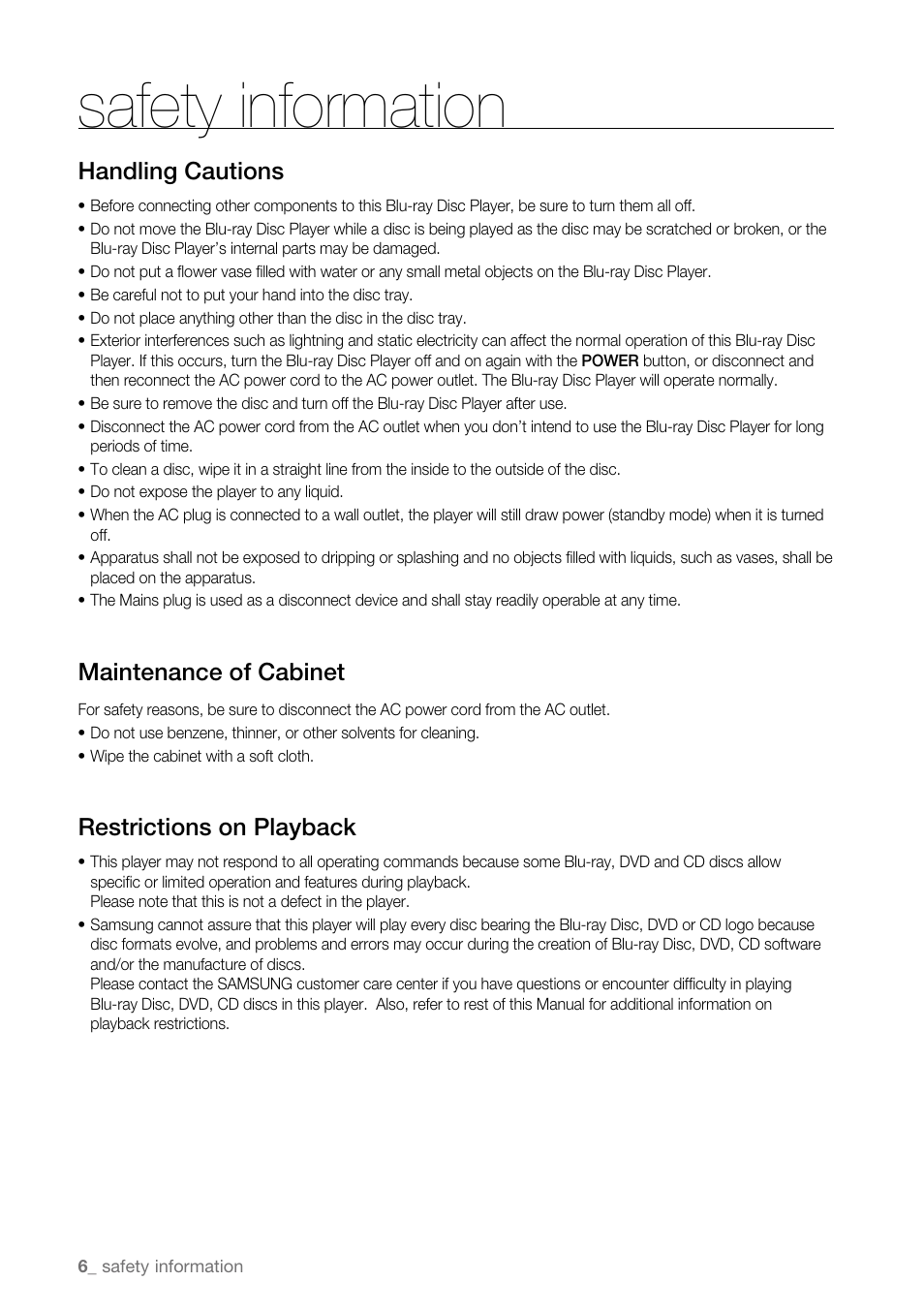 Safety information | Samsung BD-P3600 User Manual | Page 6 / 104
