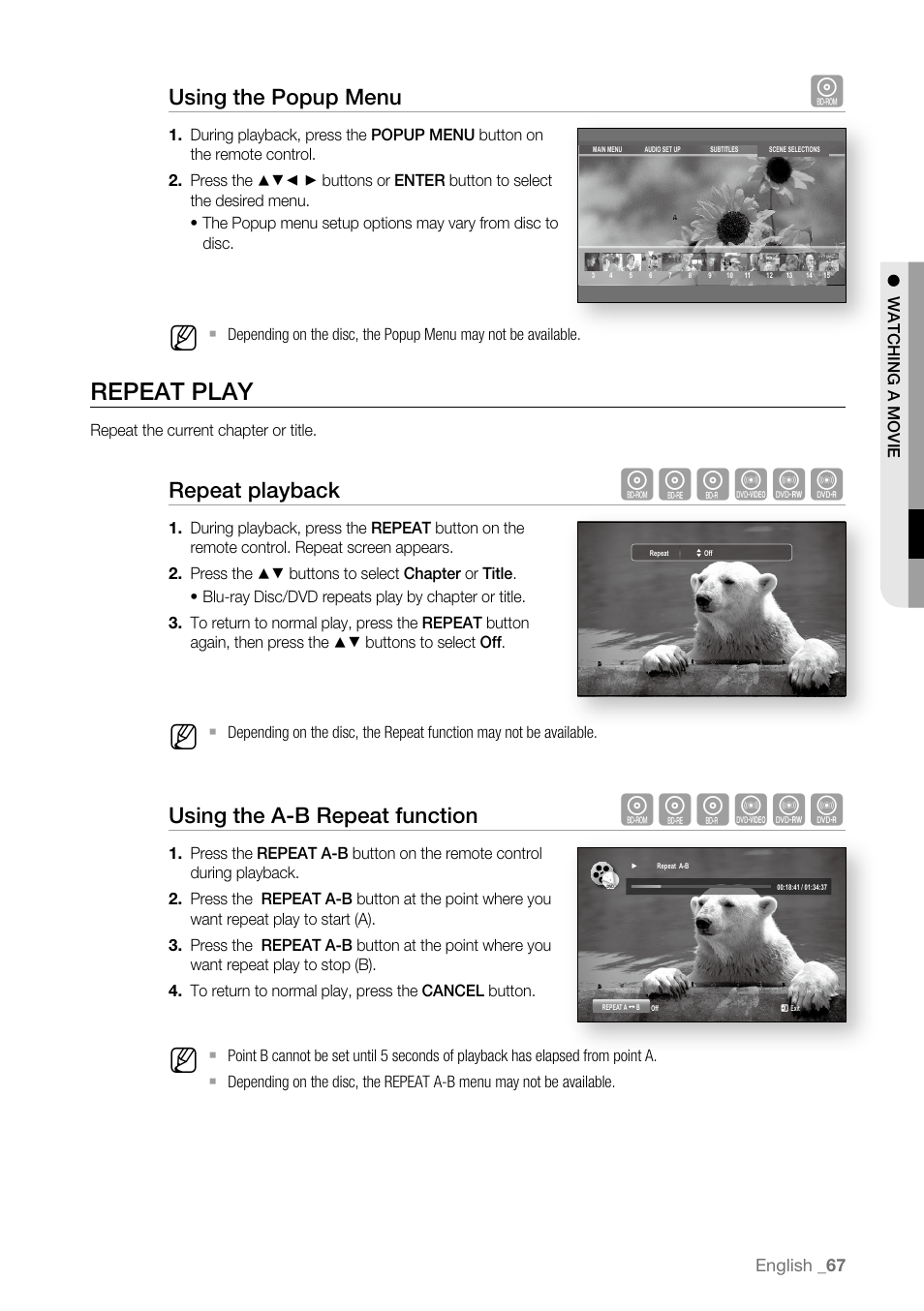 Repeat play, Hgfzcv, Using the popup menu | Repeat playback, Using the a-b repeat function | Samsung BD-P3600 User Manual | Page 67 / 104