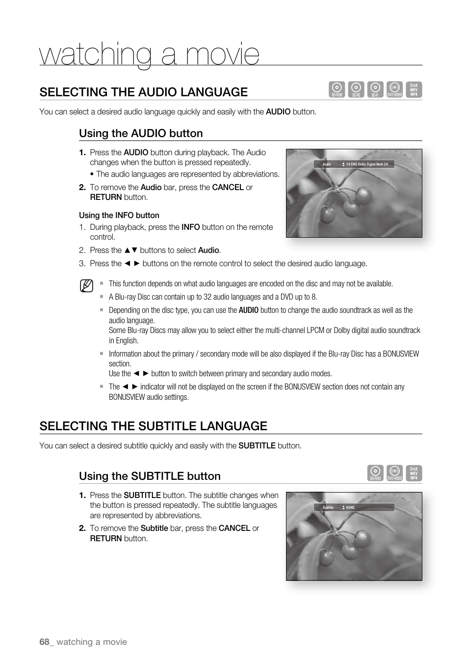 Selecting the audio language, Selecting the subtitle language, Watching a movie | Hgfz | Samsung BD-P3600 User Manual | Page 68 / 104