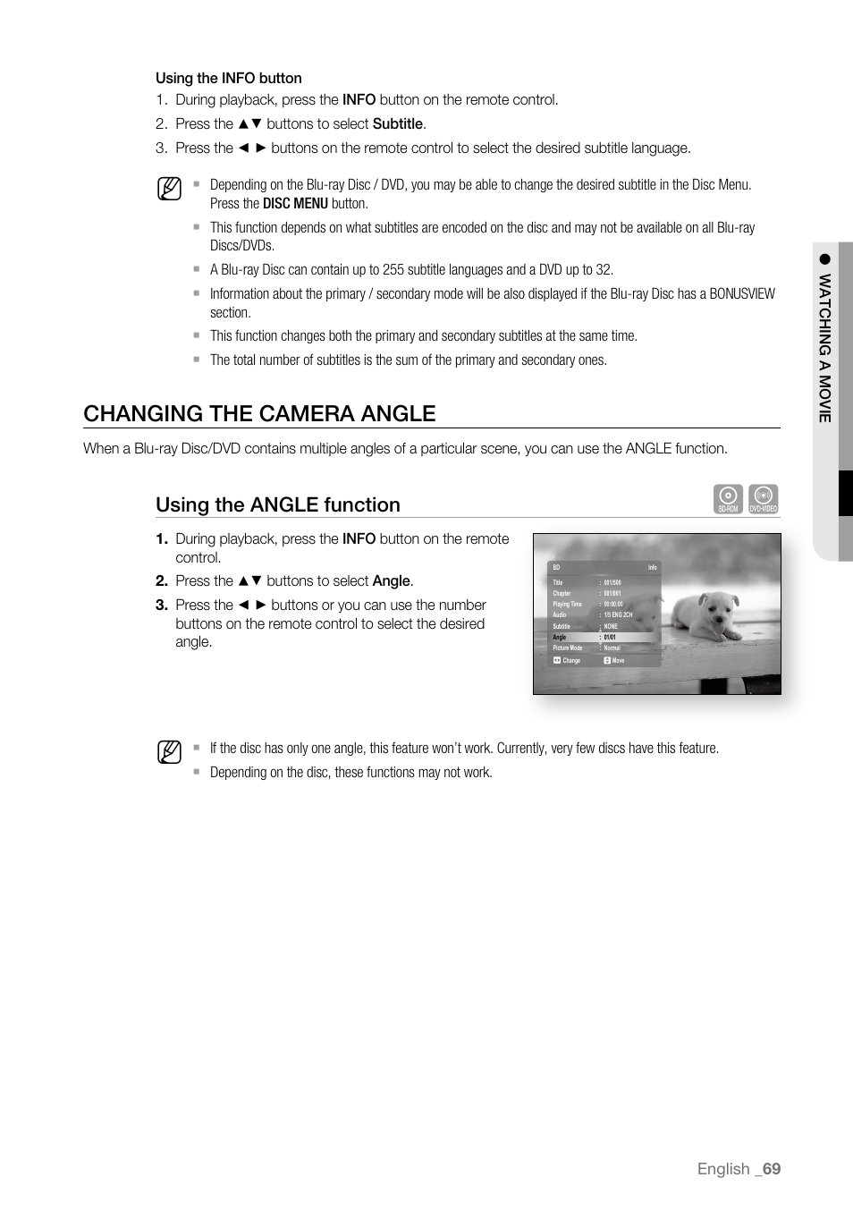 Changing the camera angle, Using the angle function | Samsung BD-P3600 User Manual | Page 69 / 104