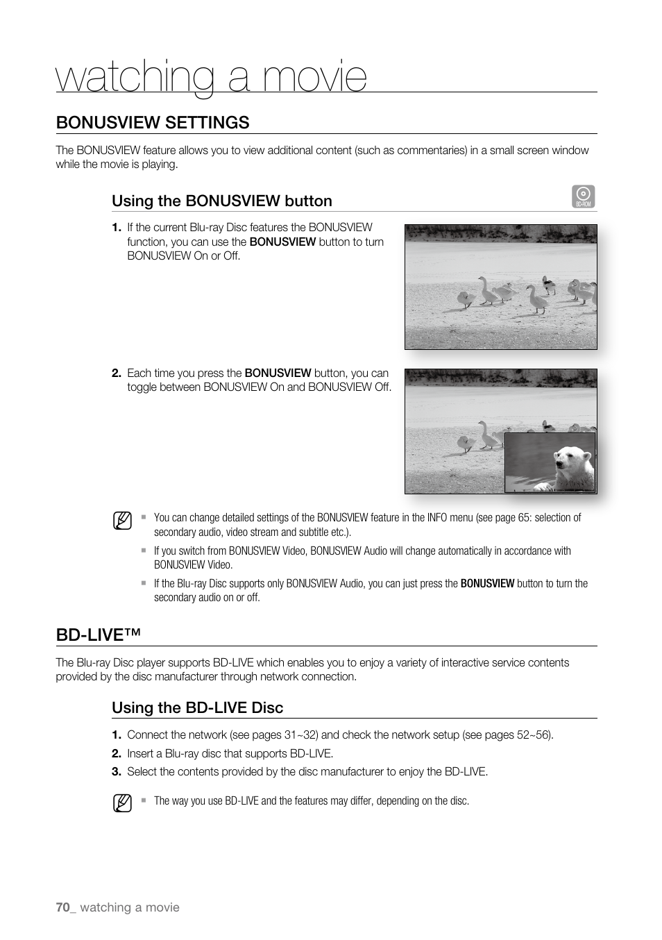 Bonusview settings, Bd-live, Watching a movie | Samsung BD-P3600 User Manual | Page 70 / 104