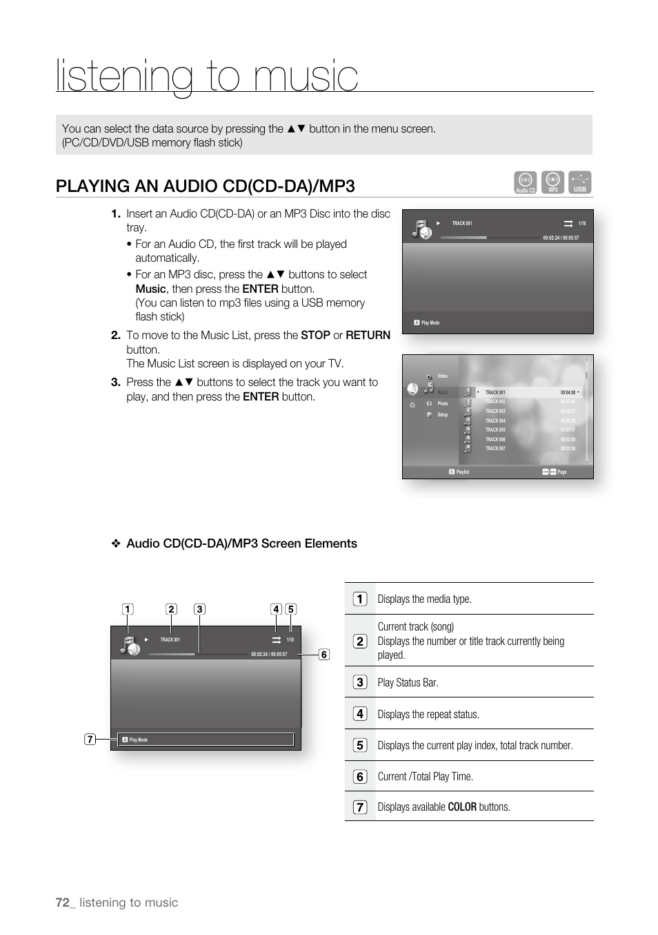 Playing an audio cd(cd-da)/mp3, Listening to music, Audio cd(cd-da)/mp3 screen elements | Samsung BD-P3600 User Manual | Page 72 / 104