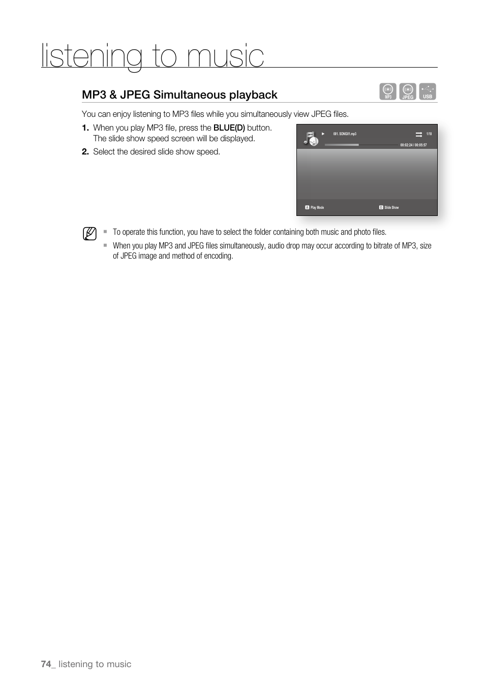 Listening to music, Mp3 & jpeg simultaneous playback | Samsung BD-P3600 User Manual | Page 74 / 104