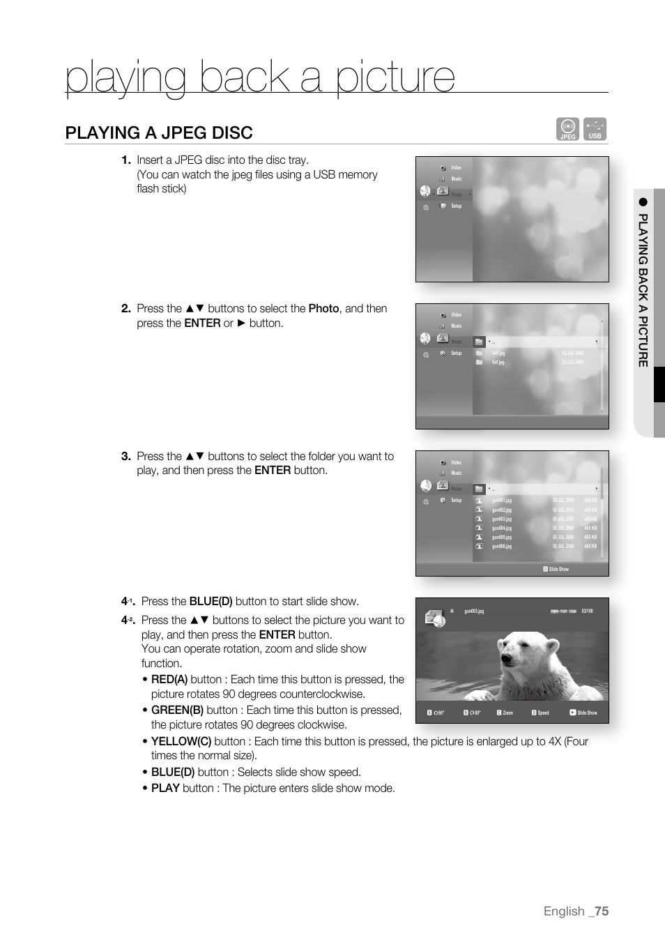 Playing back a picture, Playing a jpeg disc, English | Pl ay ing b ack a pi c t ure, Press the blue(d) button to start slide show | Samsung BD-P3600 User Manual | Page 75 / 104