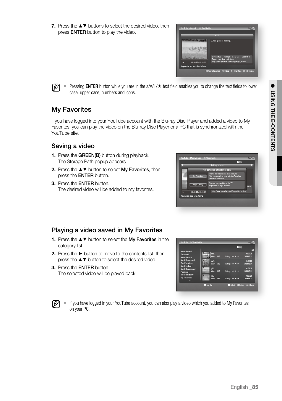 My favorites, Saving a video, Playing a video saved in my favorites | English | Samsung BD-P3600 User Manual | Page 85 / 104