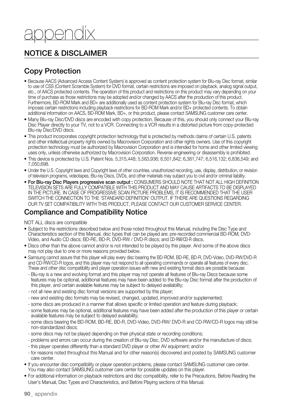 Notice & disclaimer, Appendix, Notice & disclaimer copy protection | Compliance and compatibility notice | Samsung BD-P3600 User Manual | Page 90 / 104