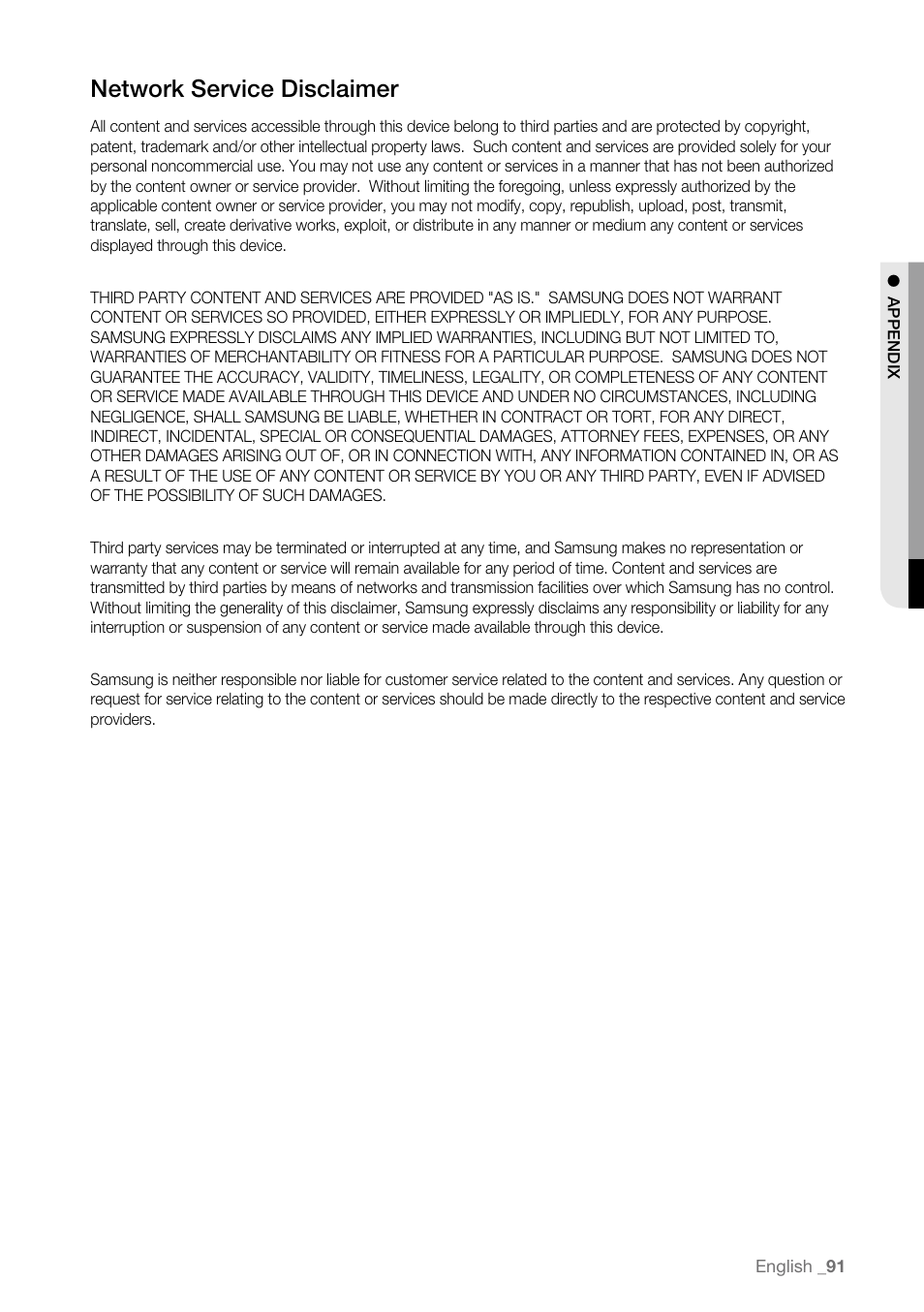 Network service disclaimer | Samsung BD-P3600 User Manual | Page 91 / 104