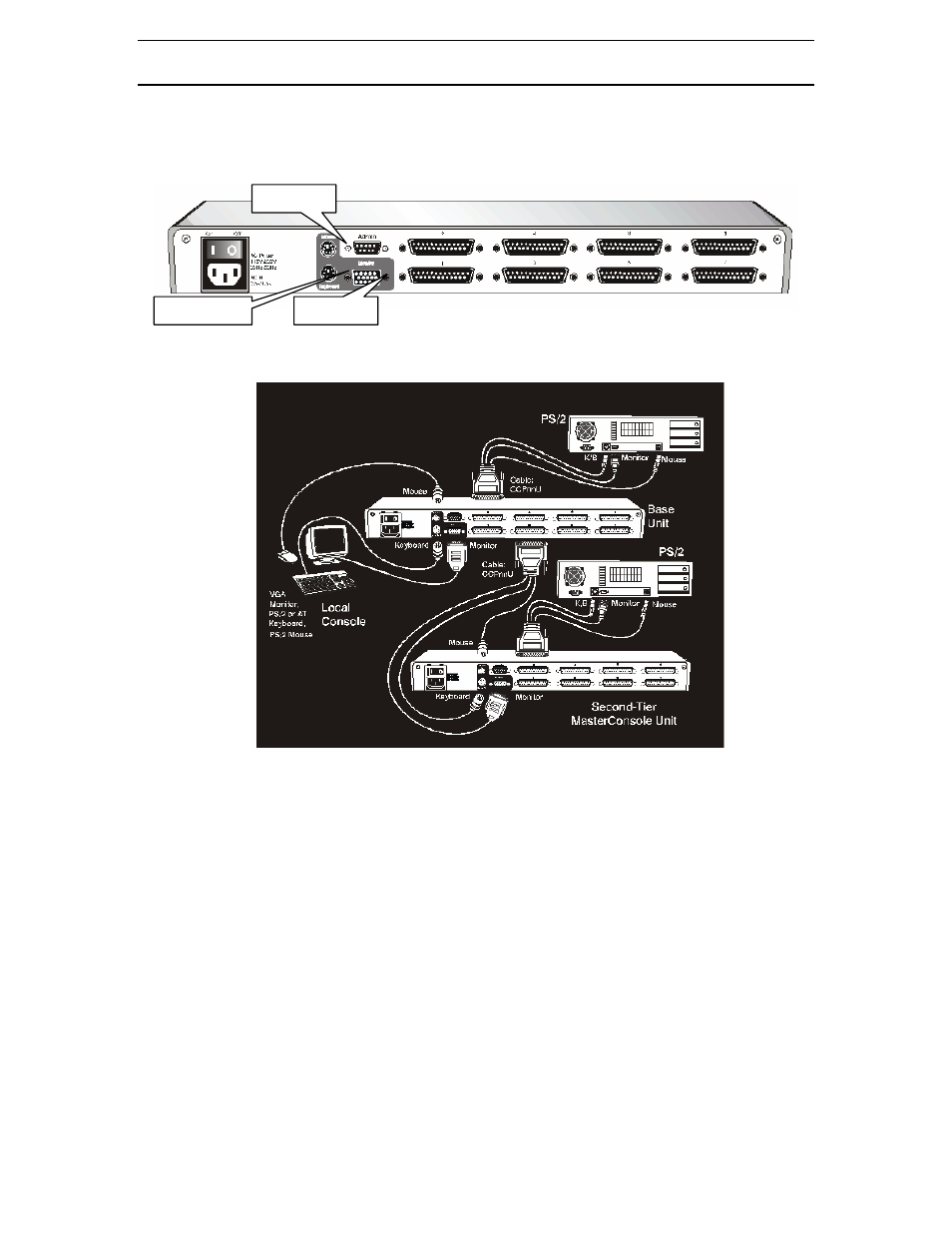 Installation, Install base unit (first-tier) masterconsole ii, Figure 18 masterconsole ii rear panel | Figure 19 two-tier configuration cabling detail | Samsung MCC8 User Manual | Page 22 / 46
