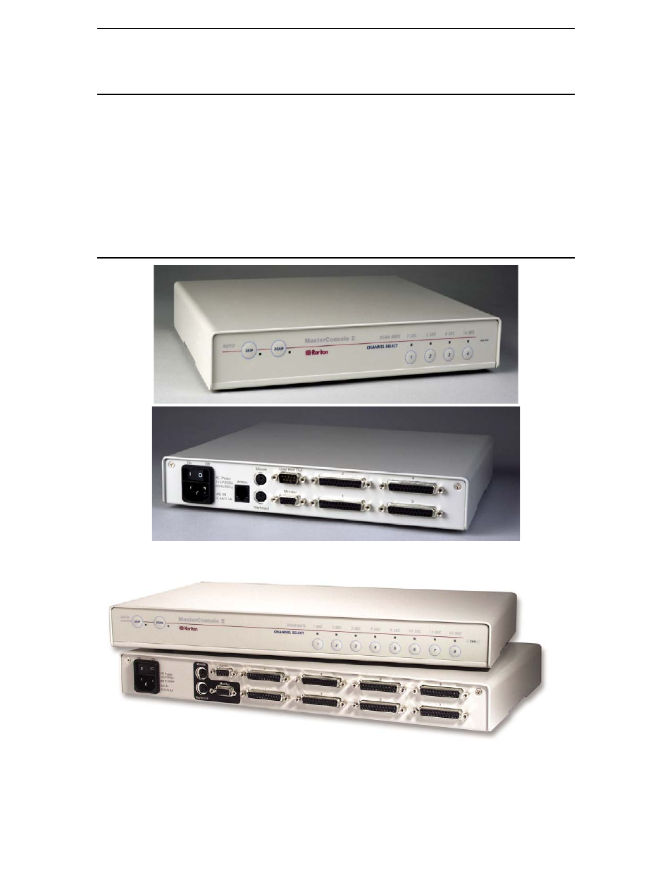 Chapter 1: introduction, Masterconsole ii overview, Product photos | Figure 1 mcc4 – front and rear views, Figure 2 mc8 – front and rear views | Samsung MCC8 User Manual | Page 9 / 46