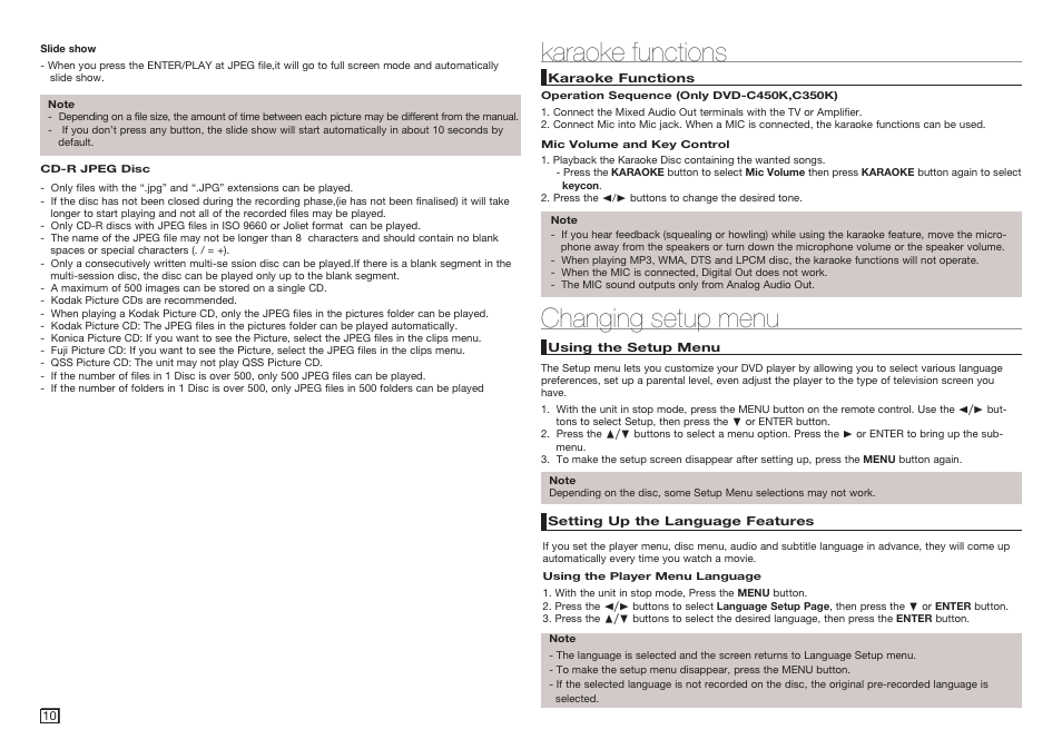Karaoke functions, Changing setup menu, Using the setup menu | Setting up the language features | Samsung DVD-C350 User Manual | Page 10 / 16
