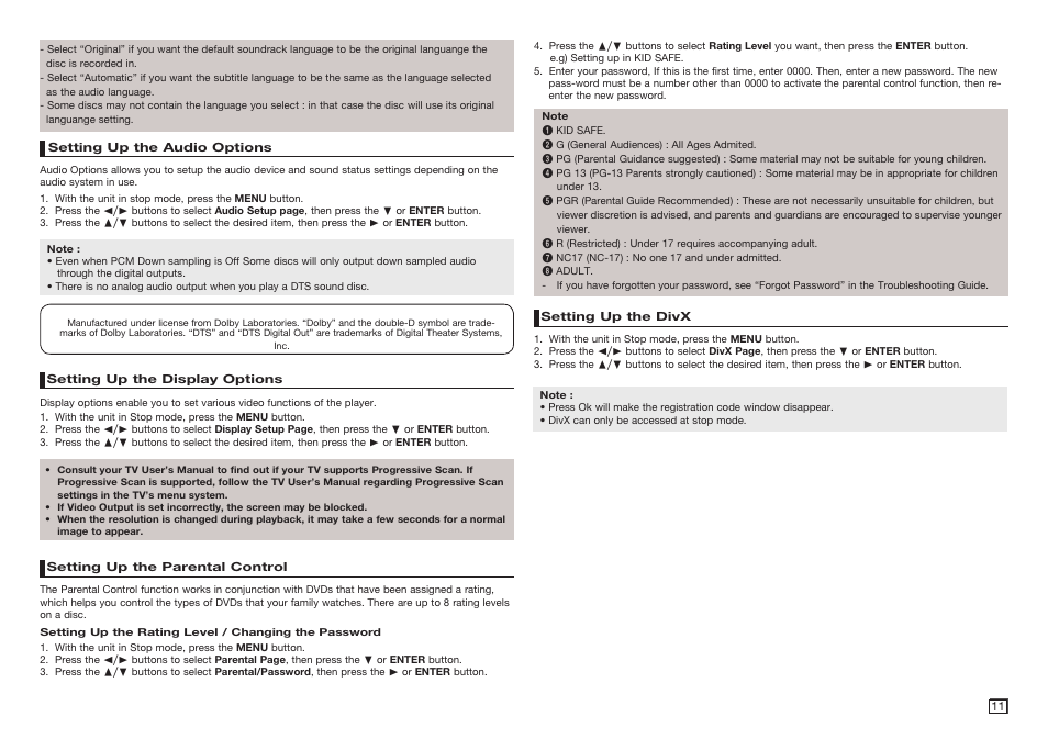 Setting up the audio options, Setting up the display options, Setting up the parental control | Setting up the divx | Samsung DVD-C350 User Manual | Page 11 / 16