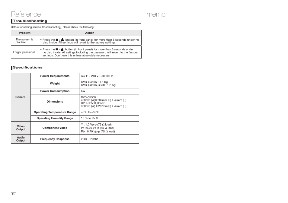 Reference, Troubleshooting, Specifications | Samsung DVD-C350 User Manual | Page 12 / 16