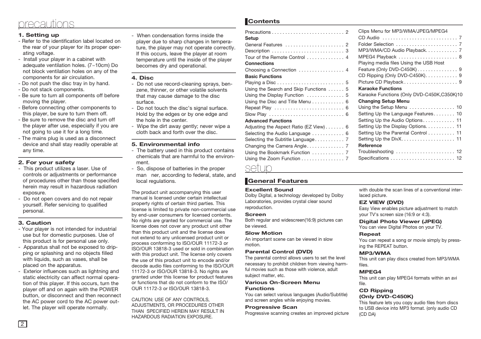 Precautions, Setup, General features | Samsung DVD-C350 User Manual | Page 2 / 16