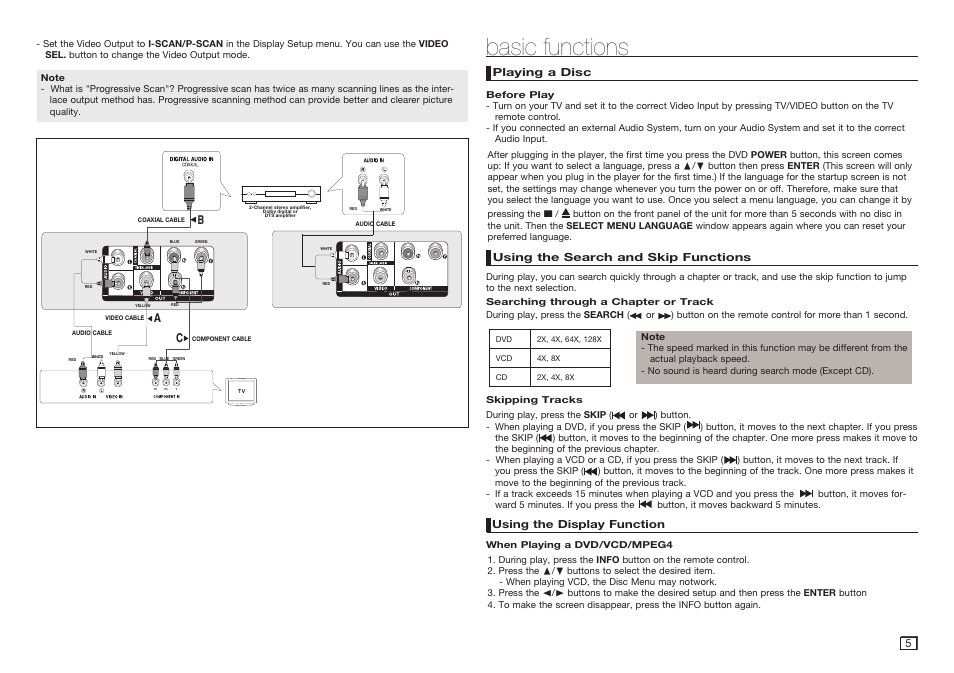 Basic functions, Playing a disc, Using the search and skip functions | Using the display function, Ca b | Samsung DVD-C350 User Manual | Page 5 / 16