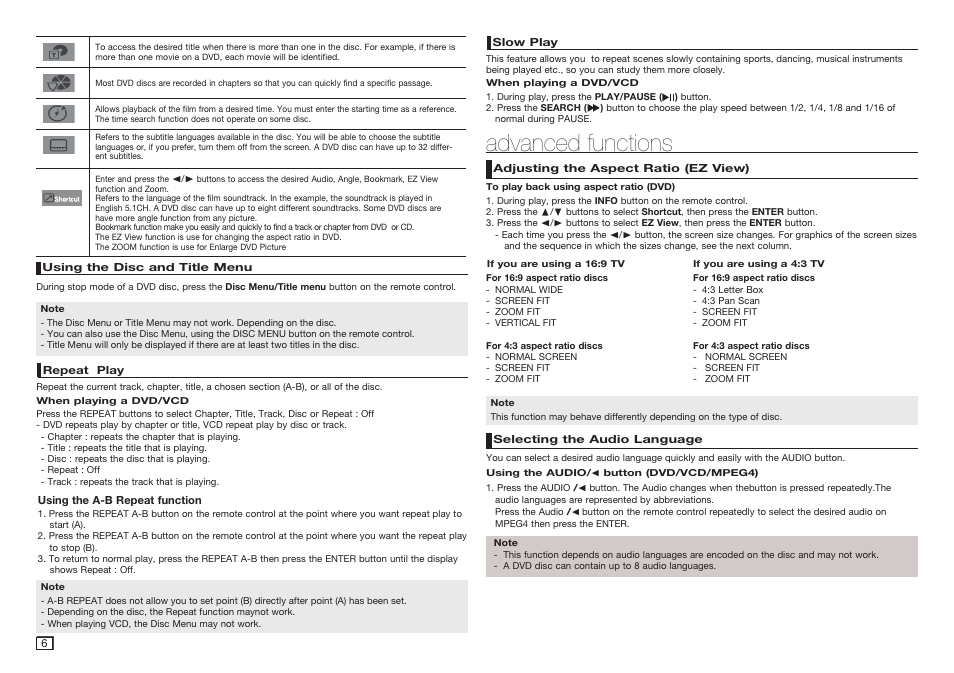 Using the disc and title menu, Repeat play, Slow play | Advanced functions, Adjusting the aspect ratio (ez view), Selecting the audio language | Samsung DVD-C350 User Manual | Page 6 / 16